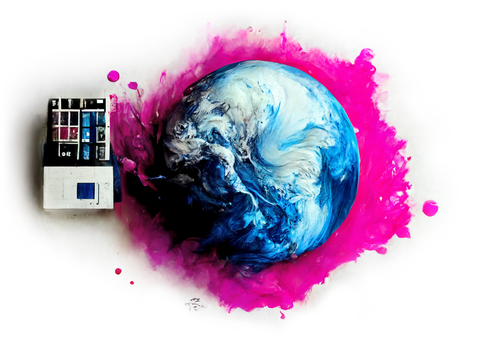 Earth, connected to a usb-drive, against a field of pink.